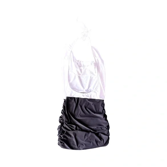Roma Two Tone Low Cowl Neck Ruched Halter Mini Dress, Black and White, Size S/M - Picture 11 of 12